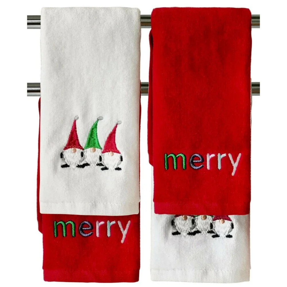 Merry Merry Gnomes Fingertip Towels Winter Holiday Embroidered Set of 4